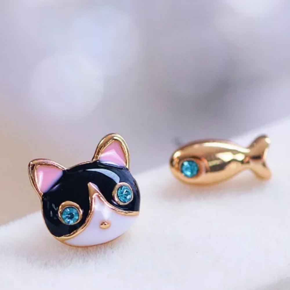 mini mismatched earrings studs jeweled kitty and fish cute blue rhinestones